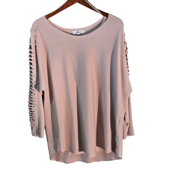 Cactus + Pearl Blush Pink Scoop Neck Sweater w/ Pearl & Lace Sleeves Women L - Picture 4 of 15